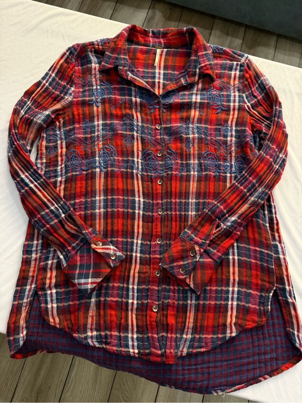 Free People Red and Navy Plaid Button-Down Shirt